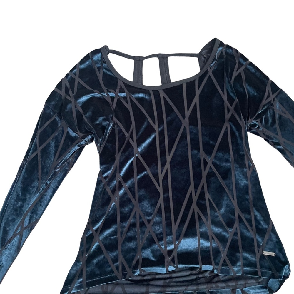 Zobha Navy Blue Open Back Draped Geometric Whimsygoth Sheer Long Sleeve Shirt - Picture 7 of 11